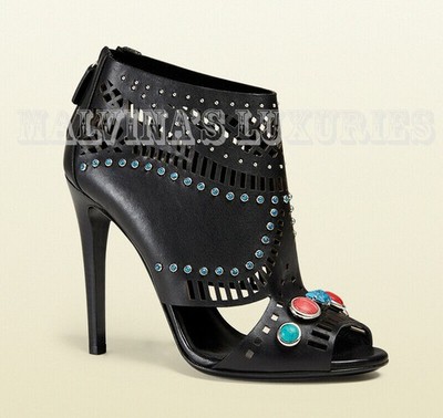 GUCCI BOOTIES LIKA LASER CUT BLACK LEATHER STONE SHOES BOOTS $1,195 38 US 8
