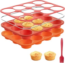 Silicone Muffin Pan with Metal Reinforced Frame,2 Pcs 2.9" Regular Size 12 Cups