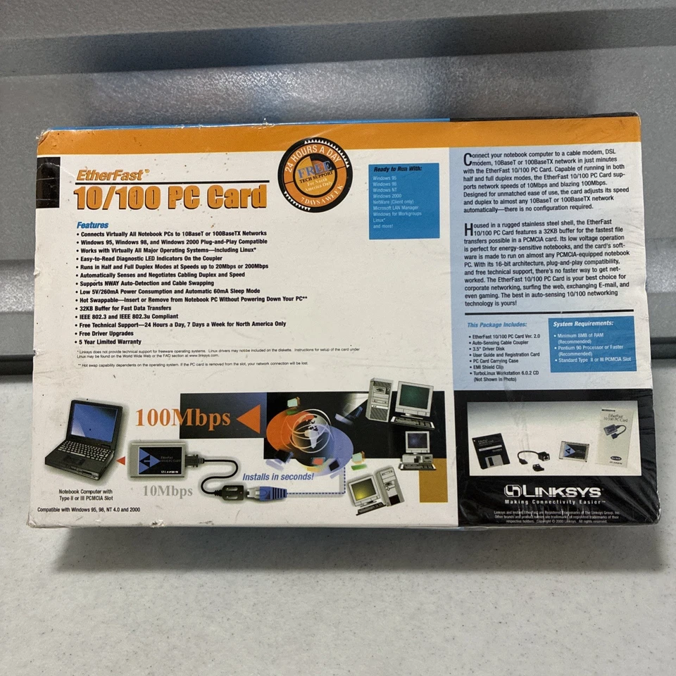 Linksys EtherFast 10/100 Integrated PC Card Model No. PCMPC100 Ver.2 NEW Sealed - Image 2 of 4