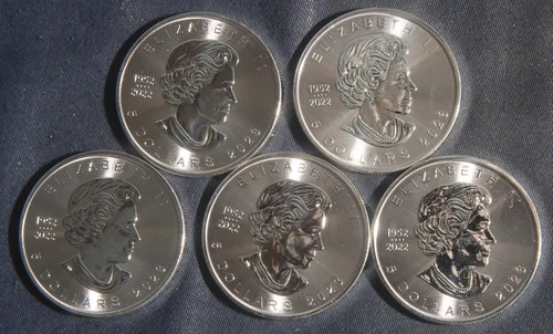 FIVE (5)  1 OZ .9999 SILVER 2023 MAPLE LEAF COINS ( 5 OZ TOTAL)  LOT 130905