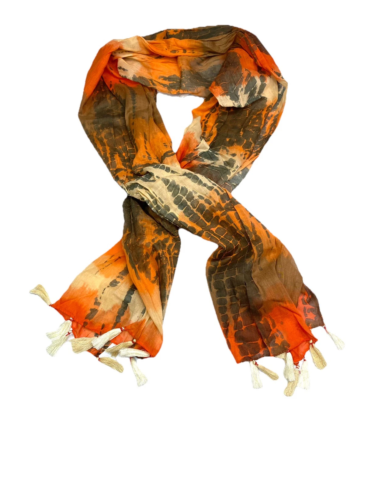 NEW Chico’s 100% Cotton Orange Brown Rectangular Tassel Scarf 70”X 17”