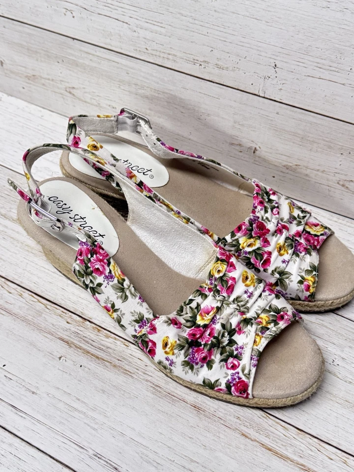 Sandálias anabela ajustável Easy Street Super Flex branco floral sapatos femininos 7,5 - Imagem 3 de 4