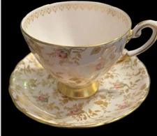 Tuscan English Bone China SUNSHINE. Pink Gold Rose Flowers. Cup & Saucer.