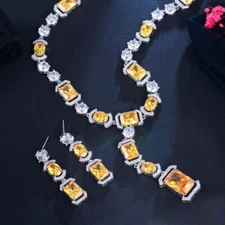 Square Dangle Drop CZ Yellow Necklace Earrings Fiancee Engagement Jewelry Set 