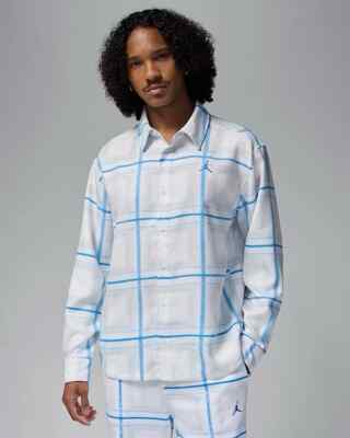 NIKE JORDAN ESSENTIAL CHECKED FLANNEL TOP SHIRT SIZE L (FZ8759 100) WHITE / BLUE