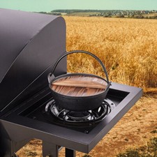 29cm Outdoor Cast Iron Pot Camping Cooking Stockpot Campfire Stewpot Wooden Lid