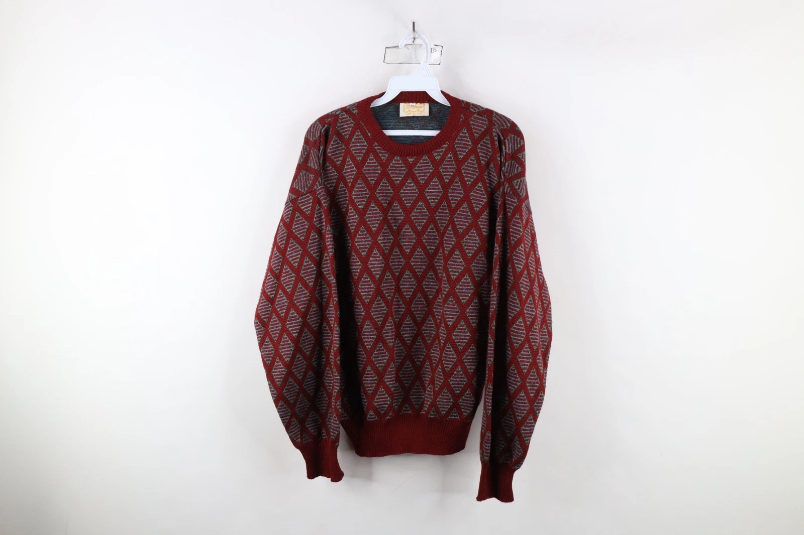 Vintage 90s Streetwear Mens Medium Wool Blend Diamond Knit Crewneck Sweater