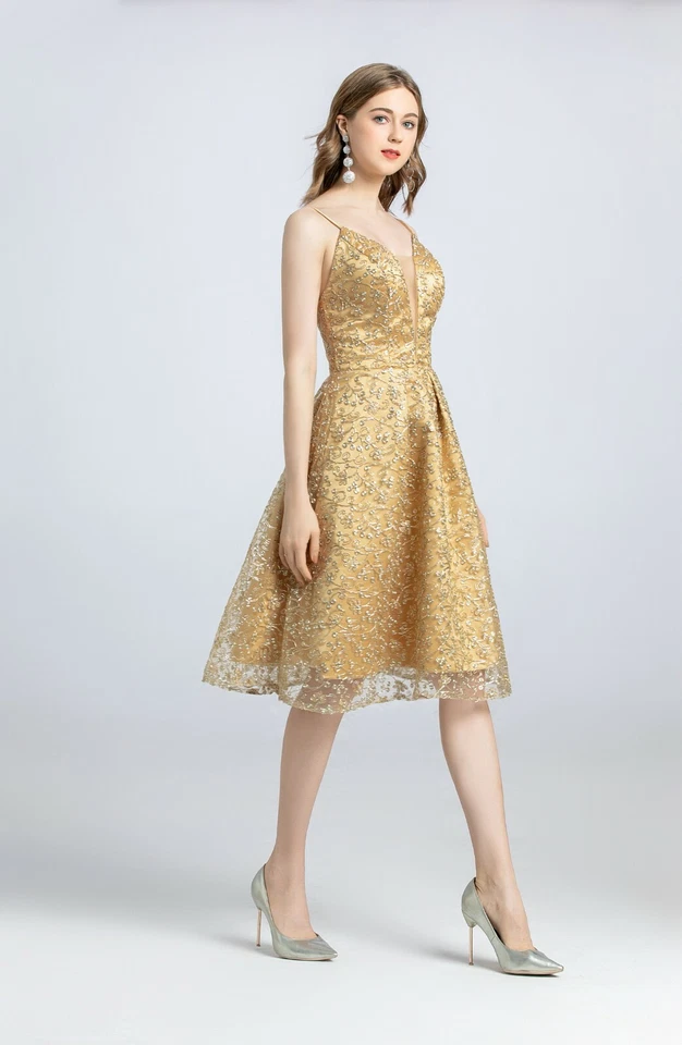 Sexy Vestido de Fiesta de Diseñadores Mujeres Sin Mangas Profundo V Dorado Encaje Hasta la Rodilla Vestidos Foto 2 de 4