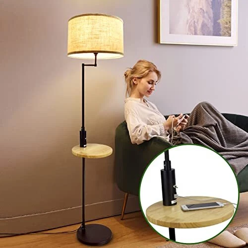 Modern Black LED Floor Lamp with Wooden Storage Shelf 3000K Warm