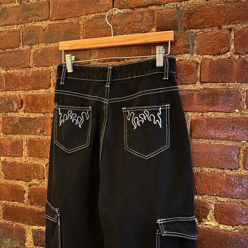 Vintage 90s Fire Flames Cargo Pants Women’s 26x30 Black Baggy Grunge Goth - Picture 6 of 12