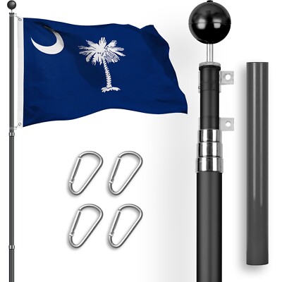 Combo: 16Ft Telescoping Flagpole Black & South Carolina Flag 3x5Ft Emb SpunPoly