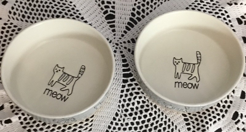 2 Spectrum Designz Cat Dish Ceramic Pet Bowl Gray White Meow Various Kitty Poses