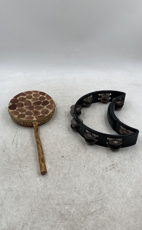 Rhythm Tech Hand Crafted Instruments Half Moon Tambourine & Rattle Lot Of 2