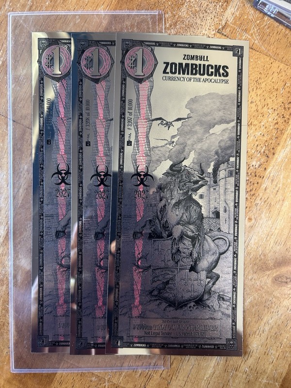3 X ZomBucks ZOMBULL 2027, UNC Aurum SilverBack .999 PURE Silver 1/1000 Troy oz.
