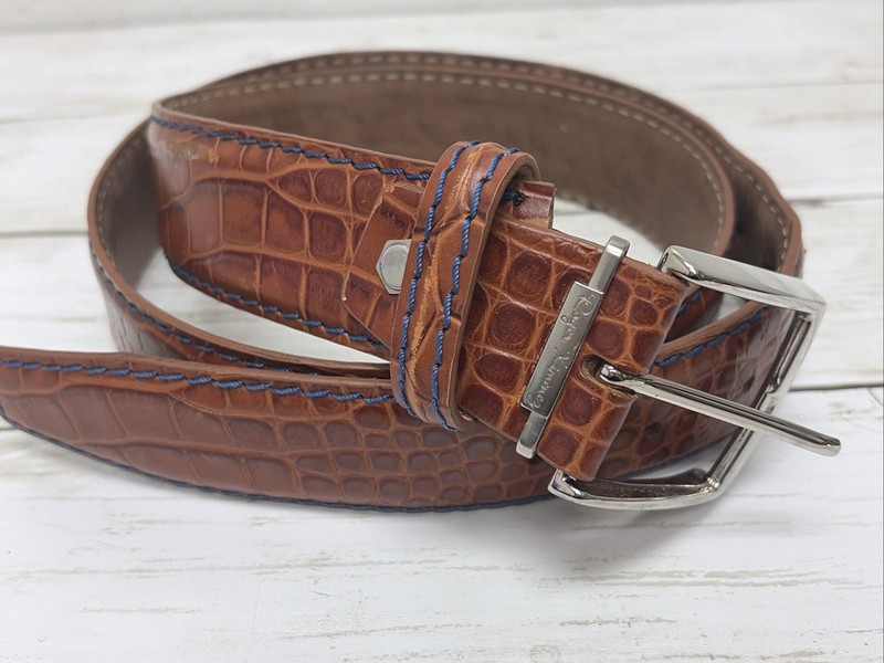 Roger Ximenez Cognac Mock Crocodile Leather Belt Blue Stitch 40mm Mens Luxury