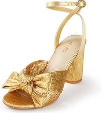 Ankis White Gold Bow Heel Chunky Wedding Shoes for Bride 3.15 Inch High Heel...