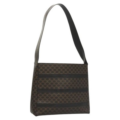 CELINE Macadam Canvas Shoulder Bag PVC Leather Black Gold Auth 119071