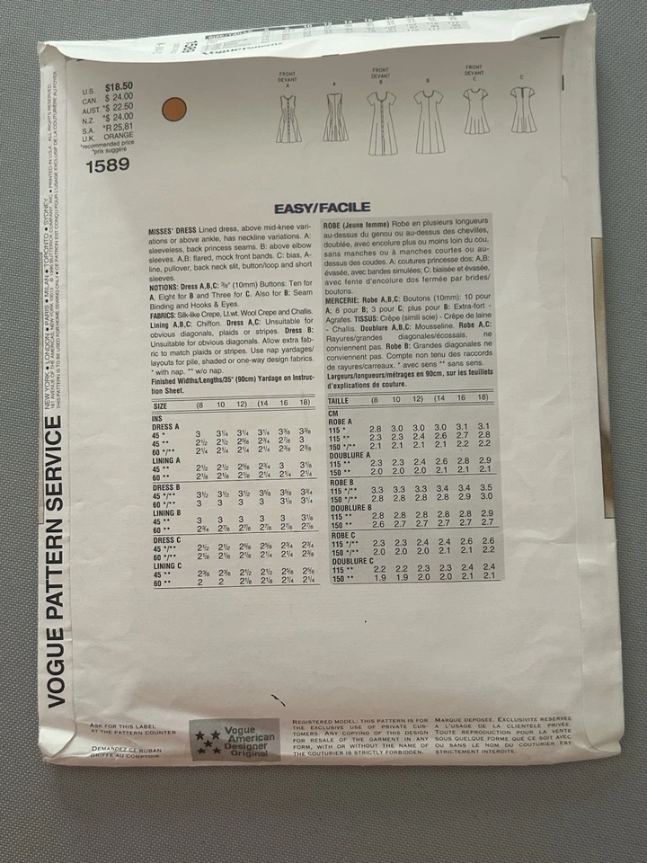 Vogue Patterns 1589 Dress Sewing Pattern Womens 8-12 Cut - Image 2 of 4