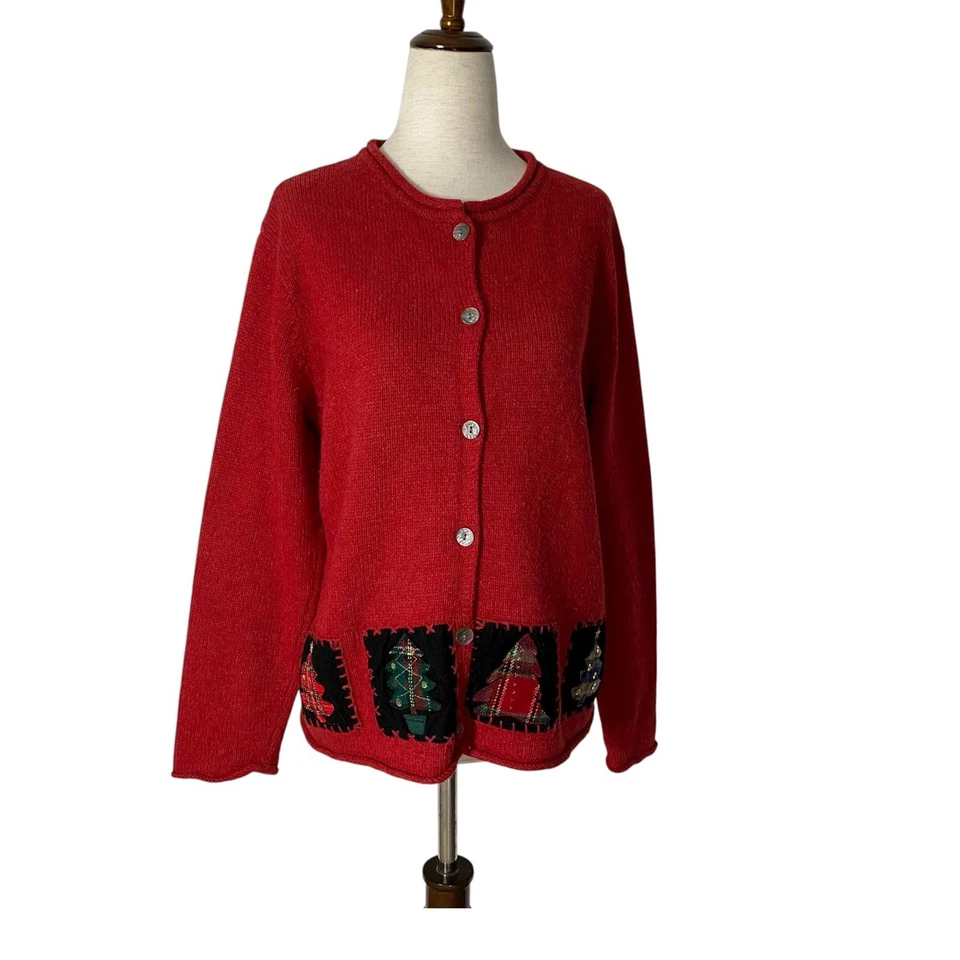 VINTAGE LIZ CLAIBORNE Patchwork Christmas Tree Cardigan Large Granny Holiday 90s - Image 3 of 4