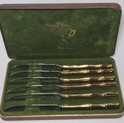 Vintage Bamboo Handle Steak Knife Set 6 With Wooden Case Made In Japan 