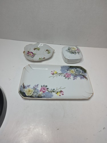 Vintage 3 Piece Ucagco China Rose Vanity Set Jewlery Box 2 Tray / Dishes.