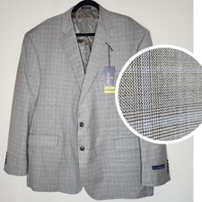 NWT Stafford Size 52 Big Travel Blazer Wool Blend Grey Blue Plaid Men's 2-button