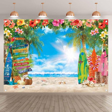 7x5Ft Hawaiian Beach Backdrop Tropical Flower Palm Leaves Surfboard Photo Set