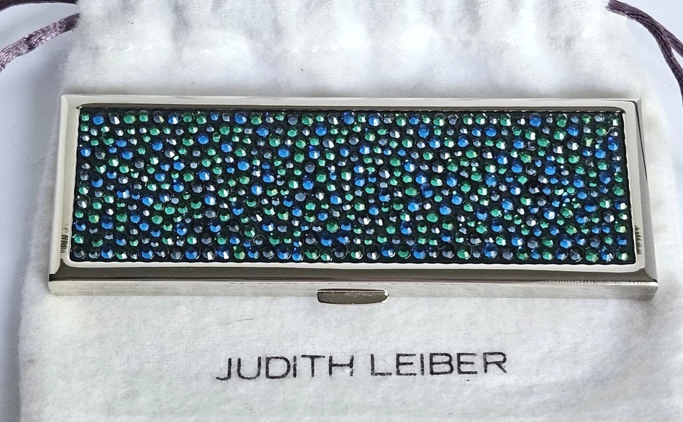 JUDITH LEIBER Slim Compact Pocket Mirror Austria Crystal Green Blue Dots Silver - Image 4 of 4