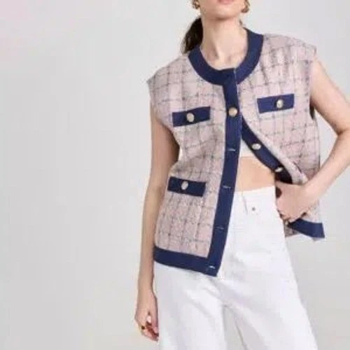 LAGENCE Laurel Tweed Oversized Vest Gold Crest Button Navy & Pink New