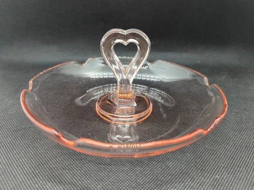 LE Smith Pink Depression Glass Trinket Dish Heart Shaped Handle Feminine Antique