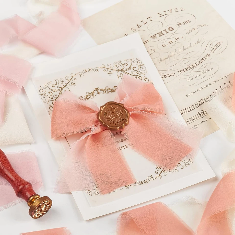 Chiffon Ribbon Pink & Ivory 1.5 Inch X 3 Rolls Total 21 Yards Handmade Silk Frin - Image 4 of 4