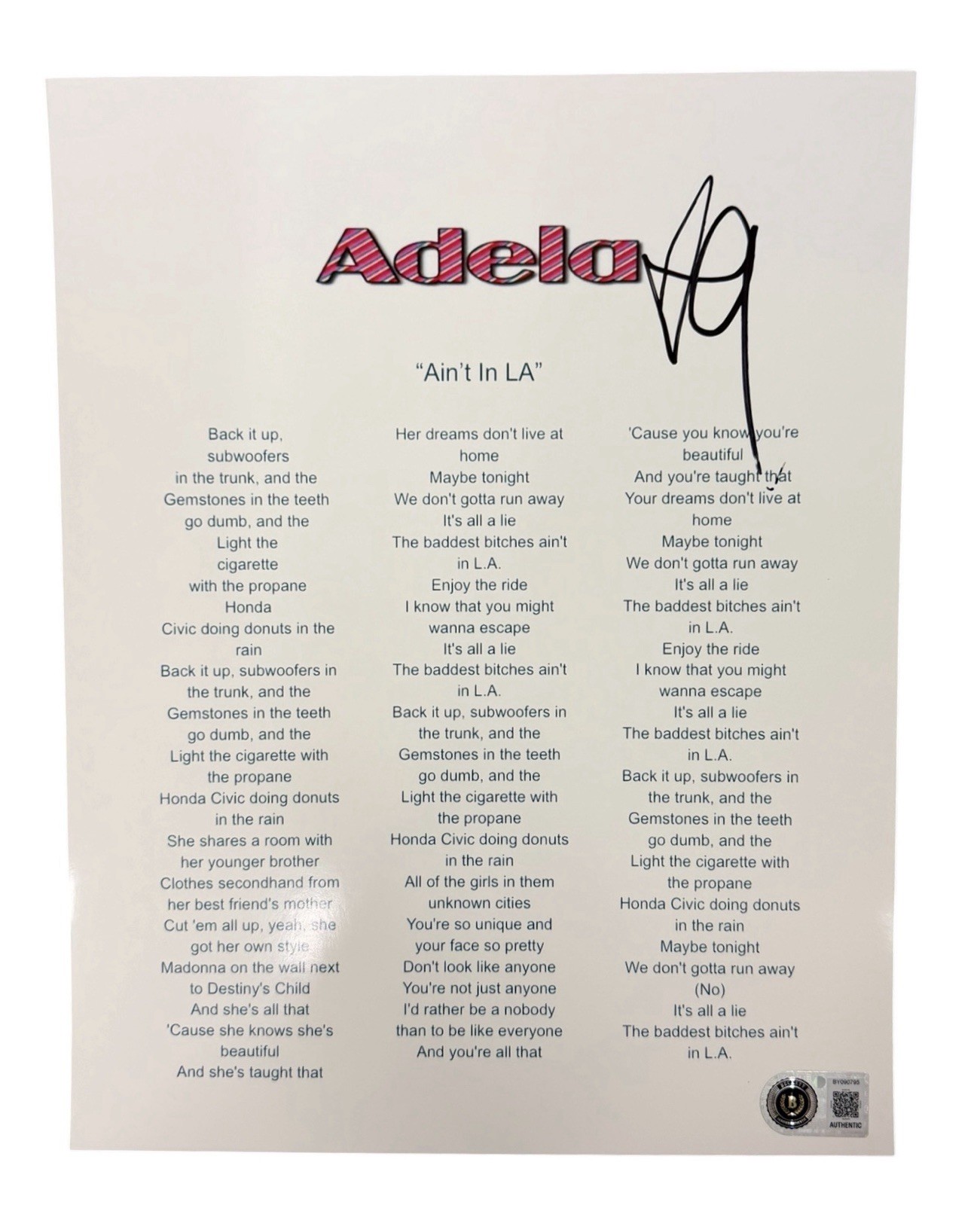 Signed Prima Lyric Sheet