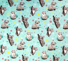 FABRIC  KOALA BEARS EUCALYPTUS LEAVES FLOWERS  AUSTRALIA NATIVE BEAR BY THE YARD