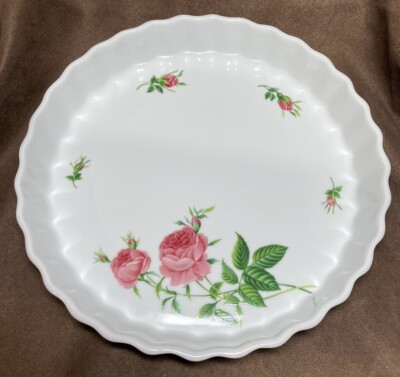 Christine Holm Quiche Tart Baking Dish Fluted Porcelain Pan White Pink Roses VTG