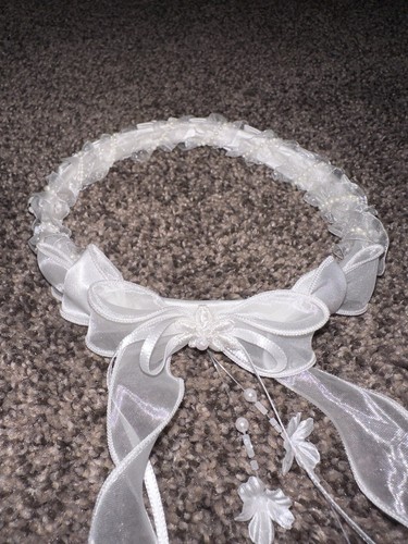 New White Flower Girl Headpiece Tiara - Flowers, Beads, Rhinestones, Swirl Lace - 第 14/14 張圖片