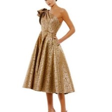Mac Duggal Antique Bronze Crinkle Metallic One Shoulder Midi Dress Size 4 $498