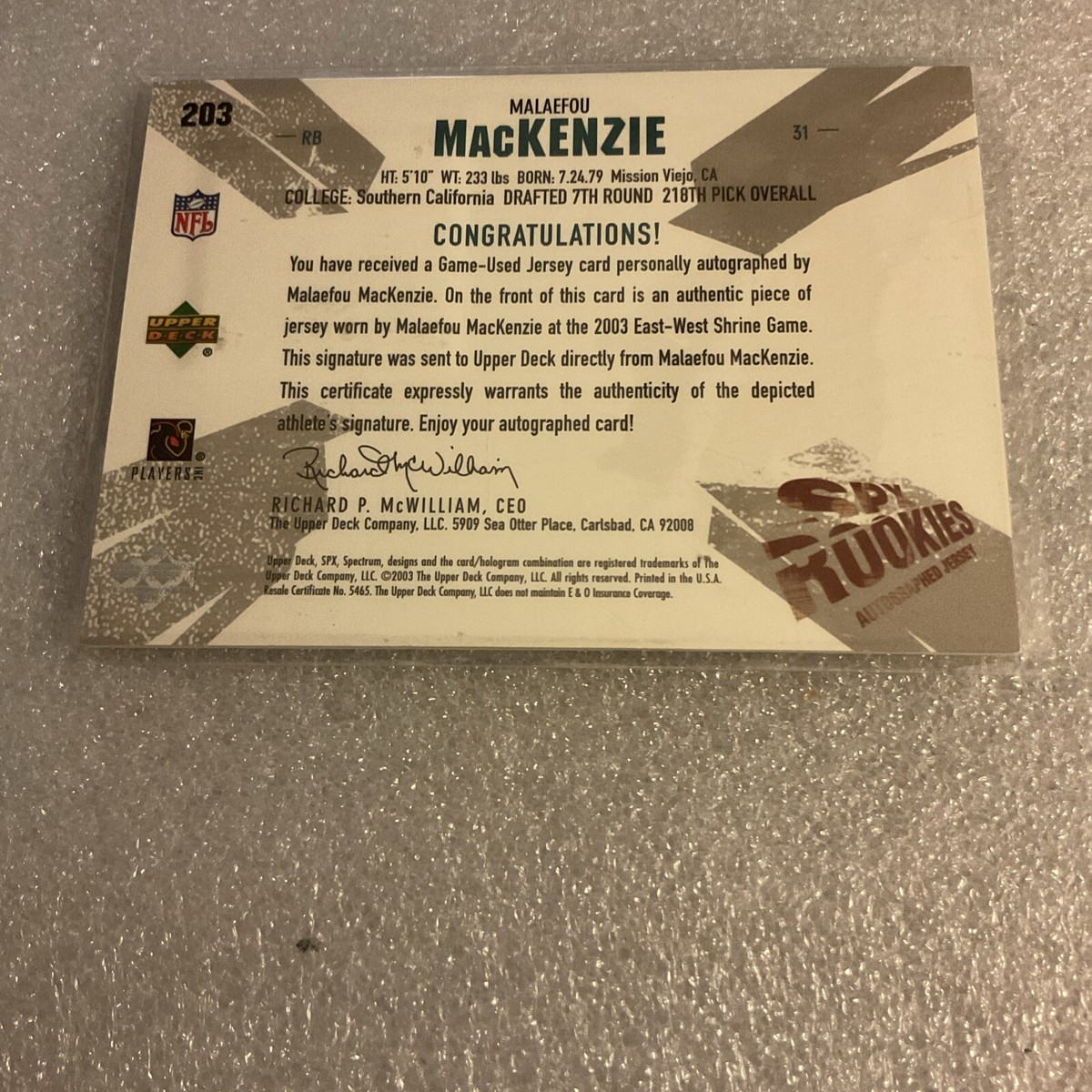 2003 SPx Malaefou MacKenzie Rookie Jersey Auto /1100 RC #203