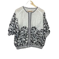 Chicos Linen Embroidered Smocked Jacket Top Zip Front Floral Abstract Size 3