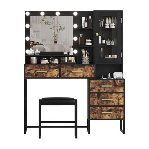 GAOMON 53.5" Large Vanity Desk with Bench Makeup Vanity with Rustic