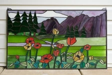 33.75"L x 20"H Tiffany Style stained glass window panel Flowers & Mountain HF603