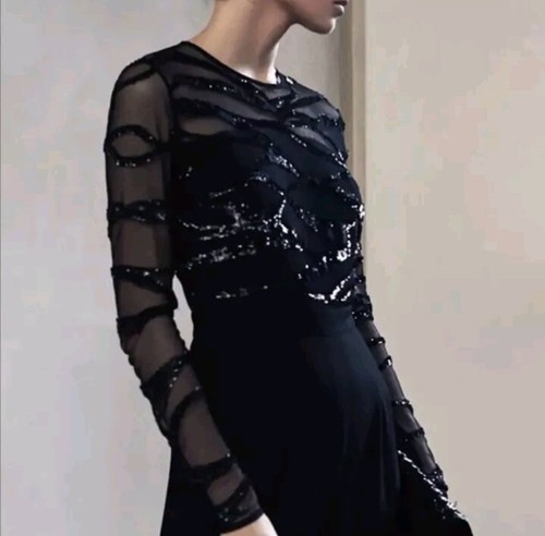 Reiss Women's Black Sequin Jumpsuit Salie Size 0 Sheer Long Sleeve NWT $495 Fit - Picture 2 of 17