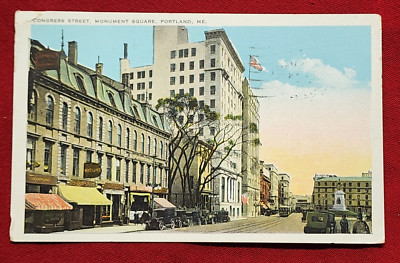 Antique US color Postcard Congress st Monument Portland ME Philadelphia PA 1925