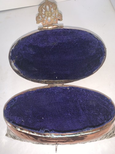 Vintage Pillow Purse Evening Bag Brass & Copper 1930s Blue Velvet Lining Cushion - Picture 7 of 9