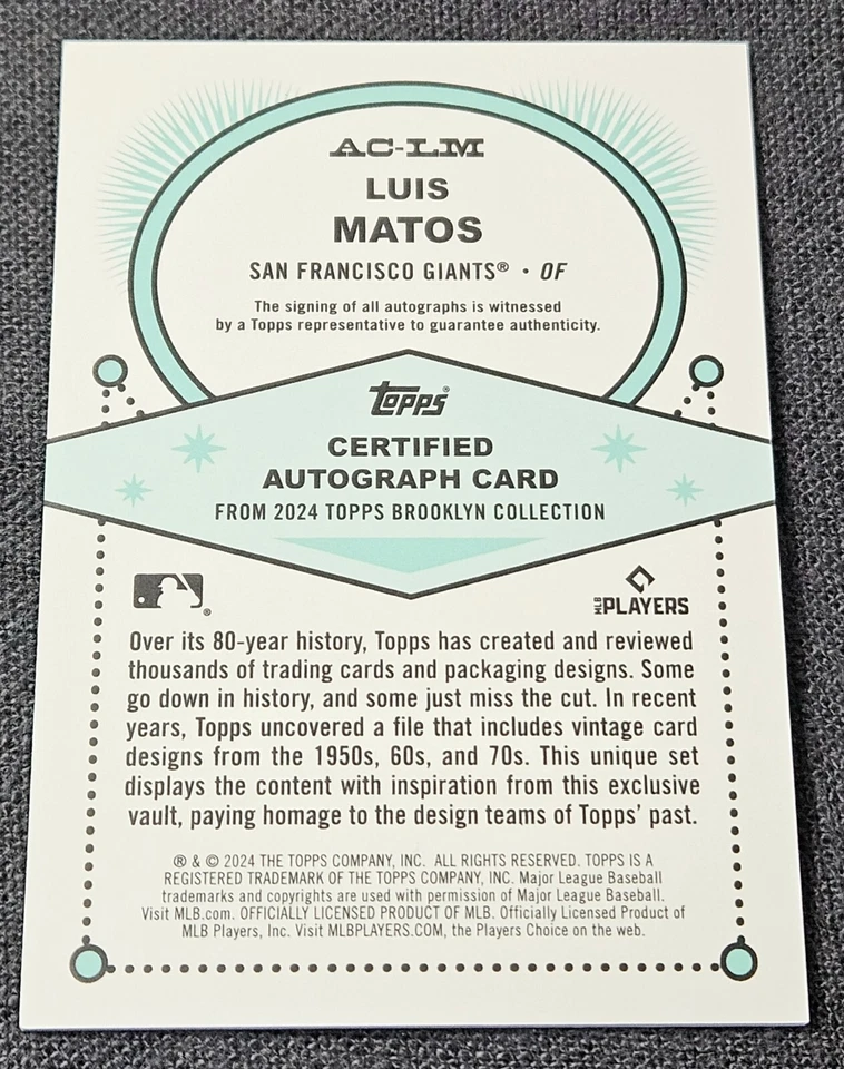 2024 Topps Brooklyn Collection Gold /50 Auto Luis Matos Rookie RC #AC-LM Giants - Image 2 of 2