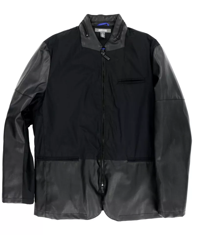 Kenneth Cole Men's Robert Pea Coat Jacket faux leather sleeve sz 47 / XL - Image 2 of 4