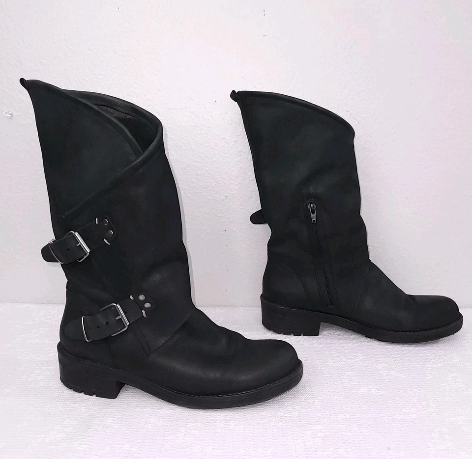 COOLWAY Alida Moto Boot Women 9 Black Mid-Calf Heeled Buckle Biker Anthropologie - Image 2 of 4