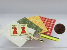 Dollhouse Miniature Fabric Sewing Set w/ Sample Patterns Scissors Tape Measure
