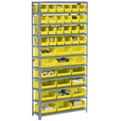 Open Bin Shelving w/8 Shelves  28 Yellow Bins 36x12x73
