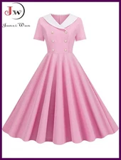 Summer Midi Dress Women Elegant Pink Vintage Party Sundress Peter Pan Collar