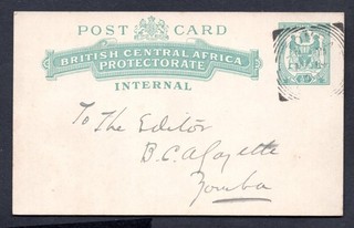British Central Africa 1903 Prepaid Postcard Zomba Postmark Higgins & Gage #6